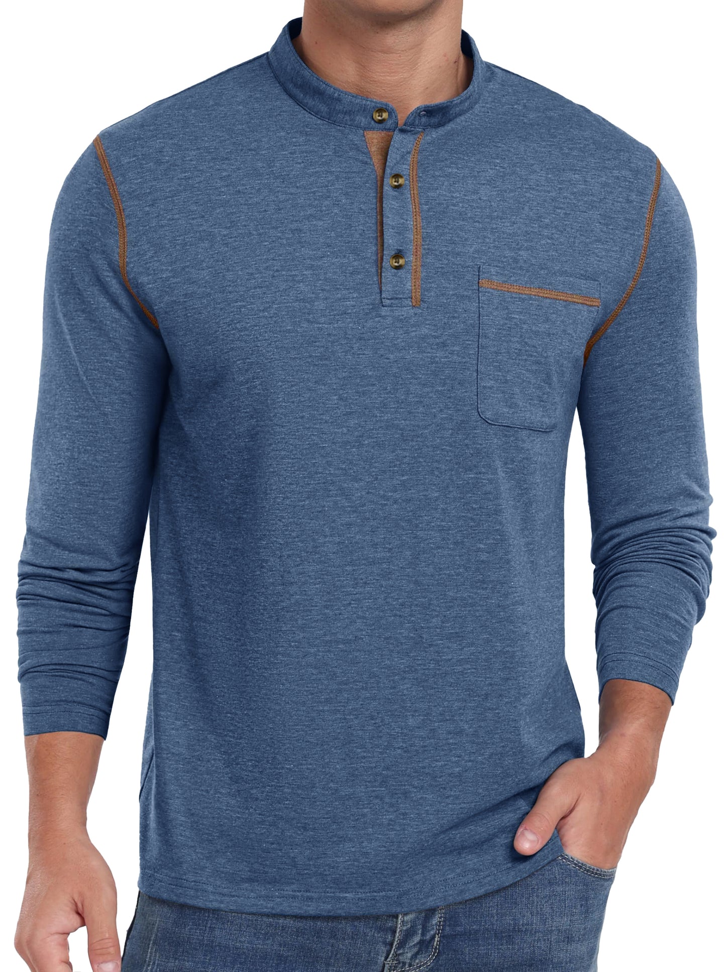 Thrilos Mens Henley Shirts Long Sleeve Casual Tops Lightweight Pullover Shirt Button Cotton T-Shirt with Pocket