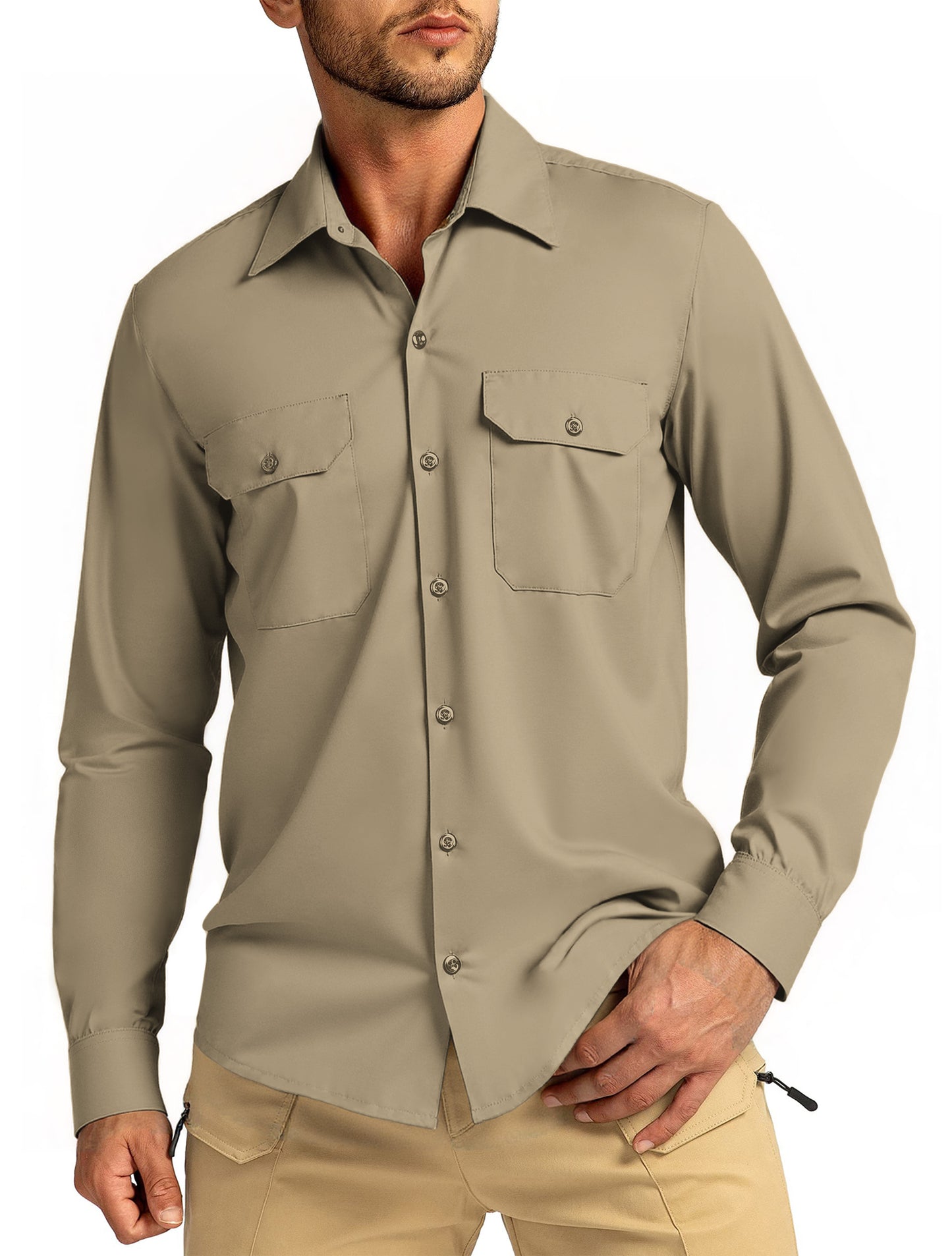 Thrilos Mens Long Sleeve Work Shirts Casual Button Up Shirts Quick Dry Business Tops with 2 Pockets