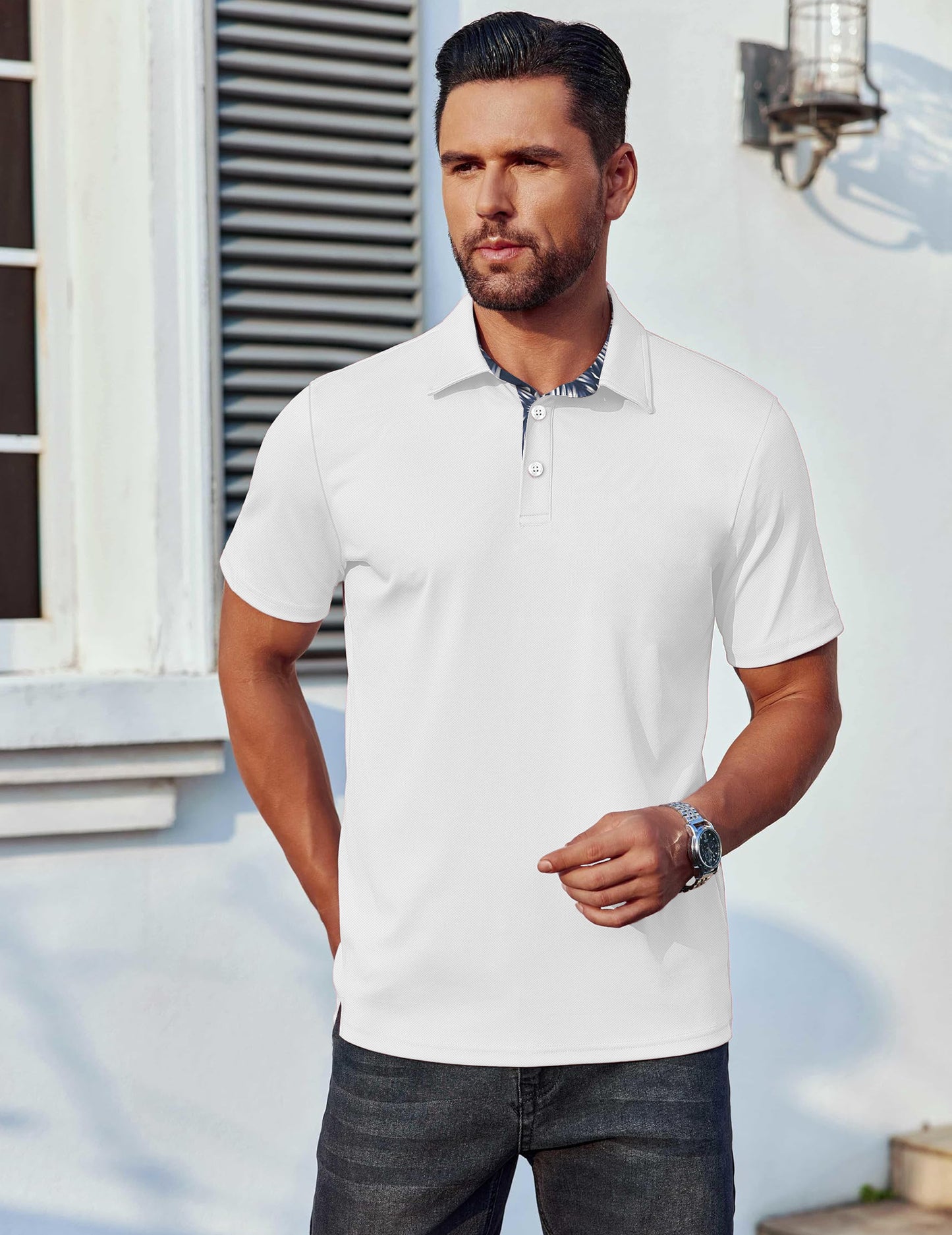Thrilos Polo Shirts for Men Short Sleeve Dry Fit Shirts Printed Collar Casual Golf Polo Shirts
