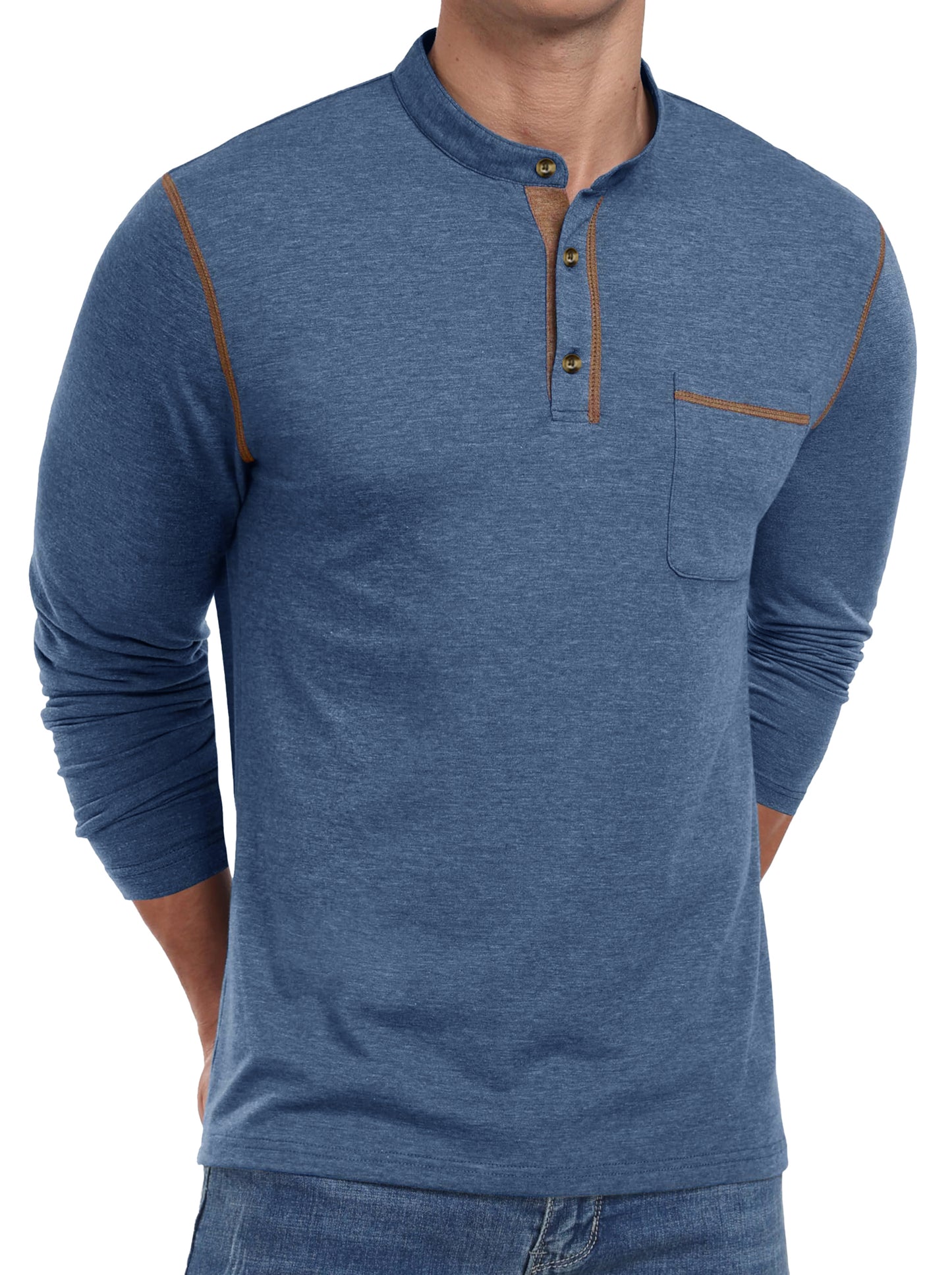 Thrilos Mens Henley Shirts Long Sleeve Casual Tops Lightweight Pullover Shirt Button Cotton T-Shirt with Pocket